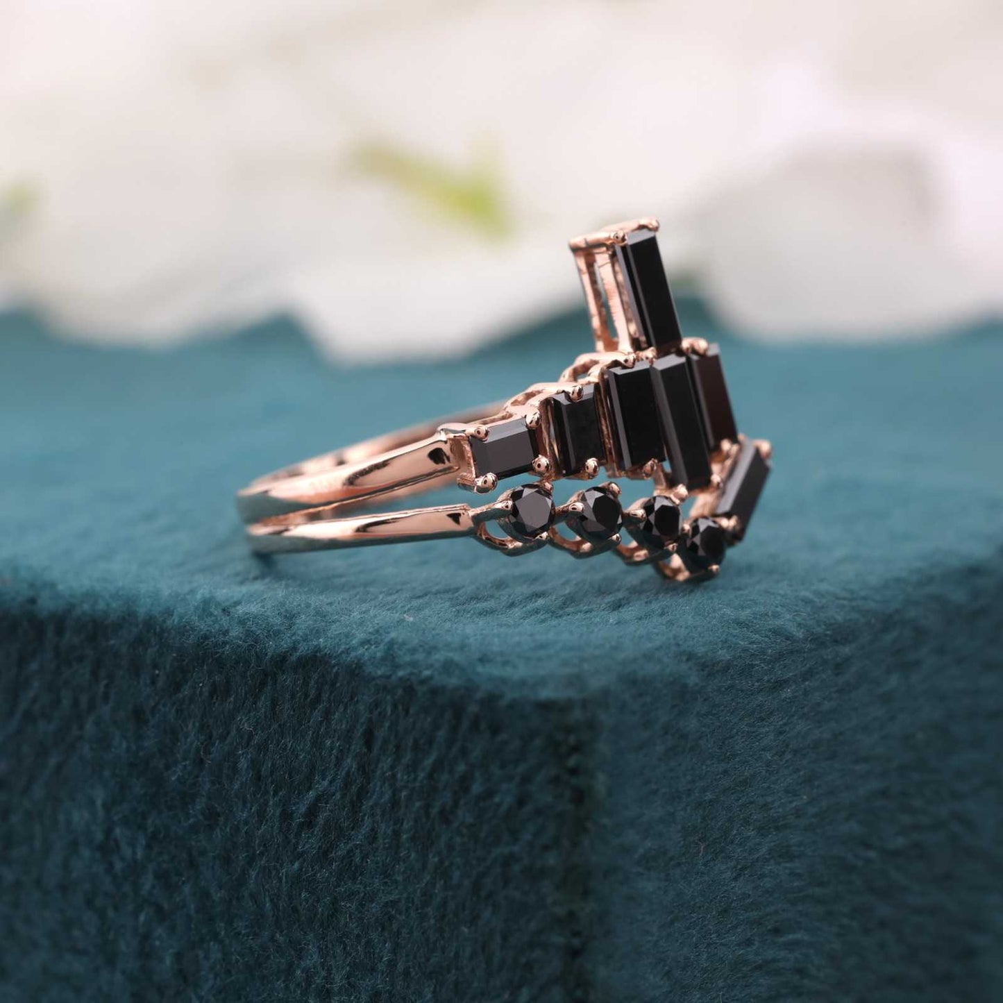 Black Diamond Ring in Rose Gold – Round & Baguette Cut