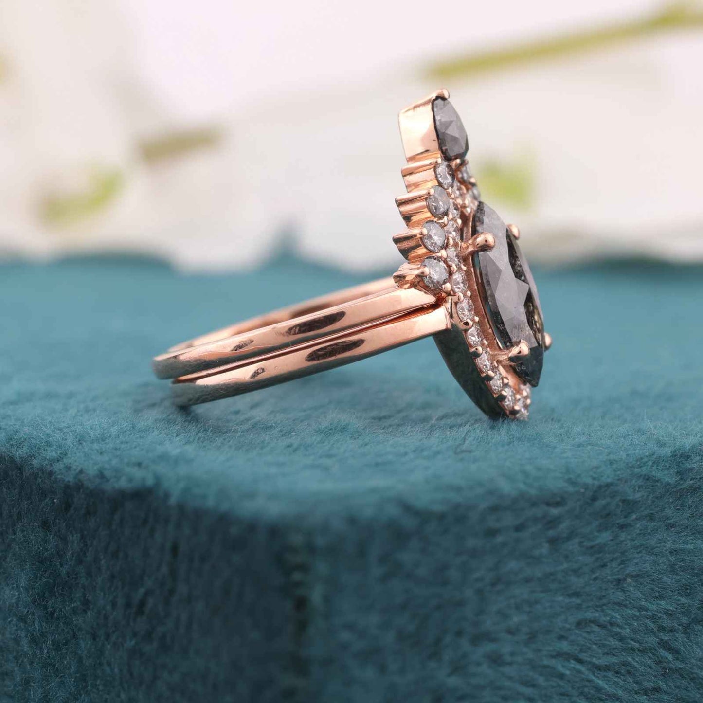 Rose Gold Halo Bridal Set – Marquise Diamond & Band