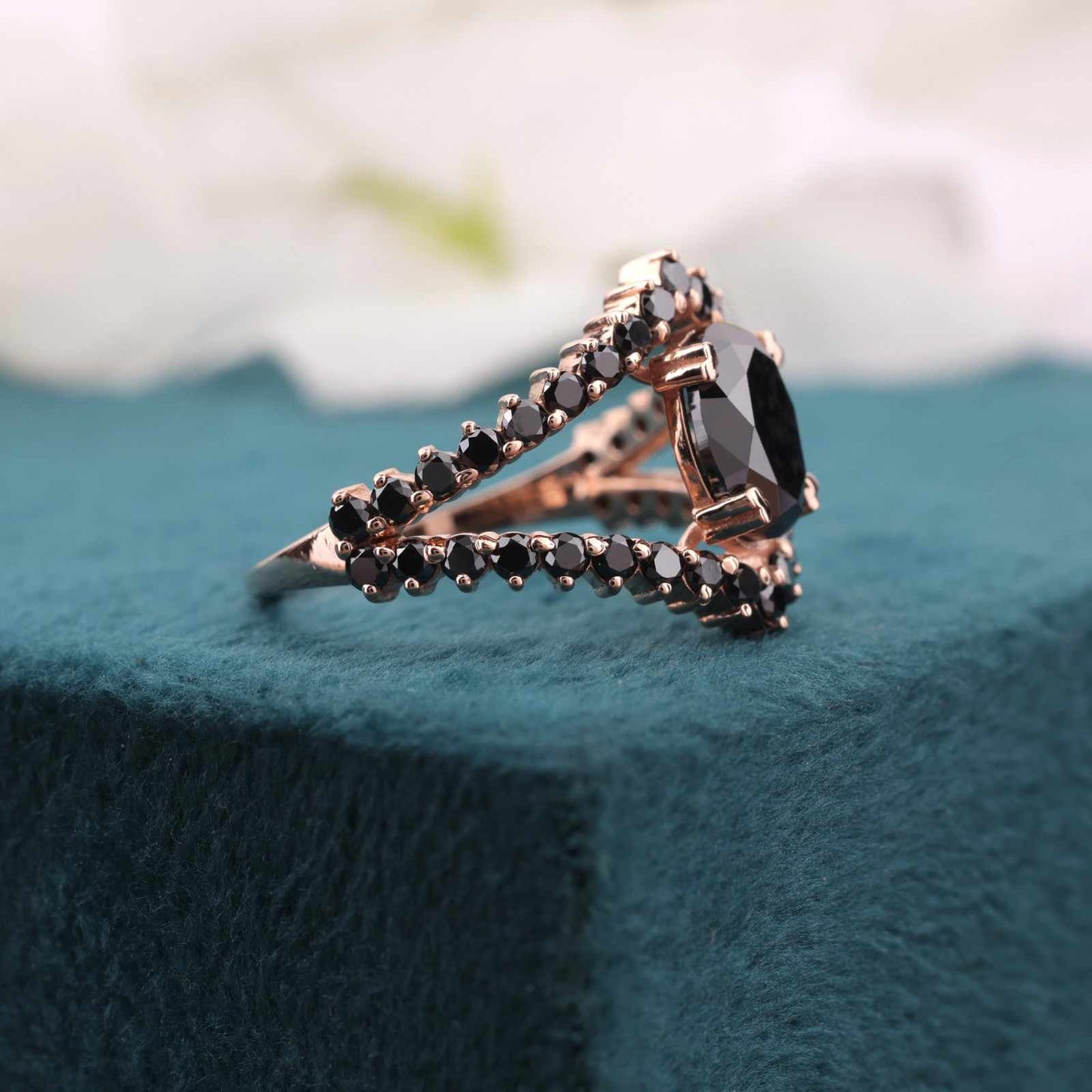 Dramatic Black Diamond Halo Ring – V-Shaped Rose Gold