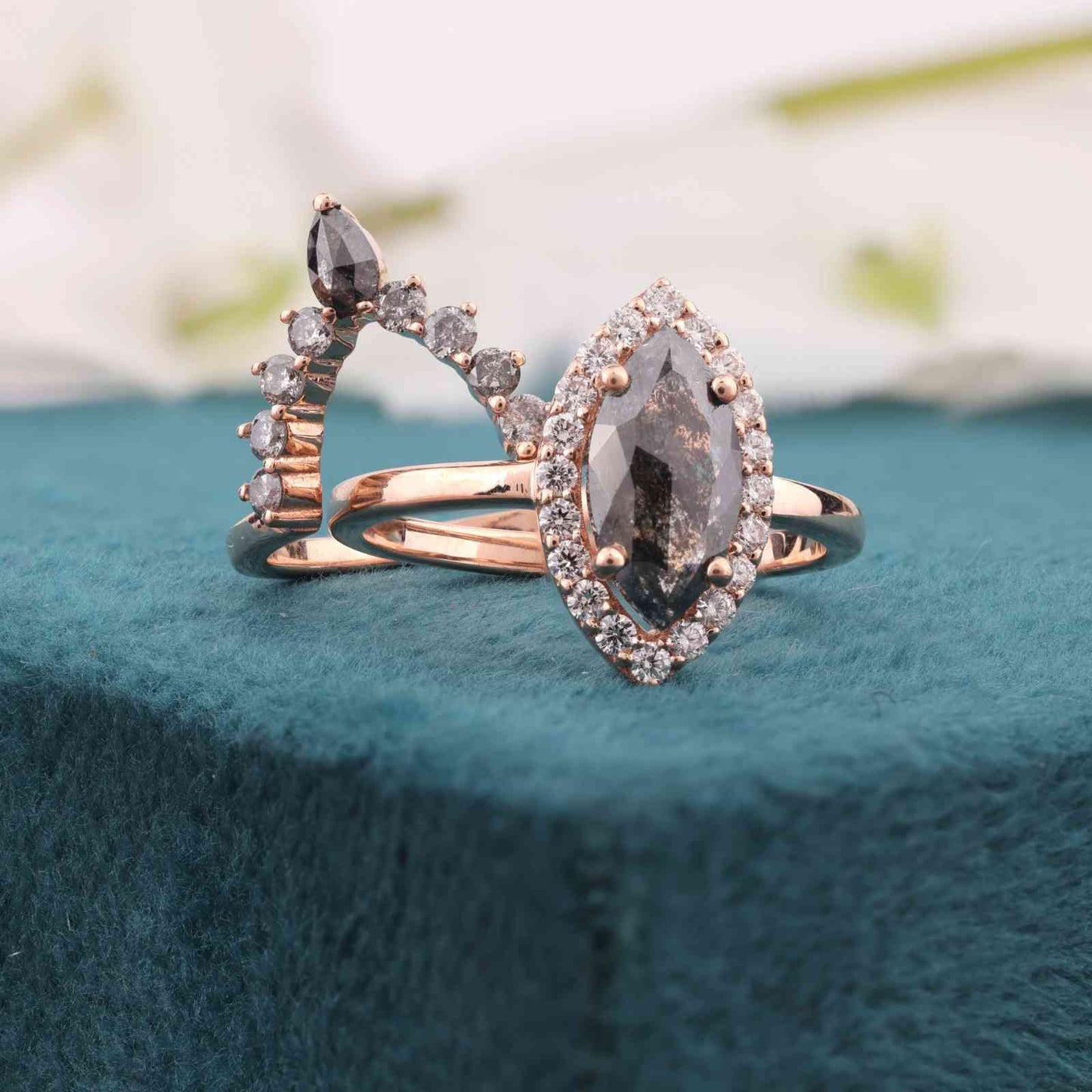Rose Gold Halo Bridal Set – Marquise Diamond & Band