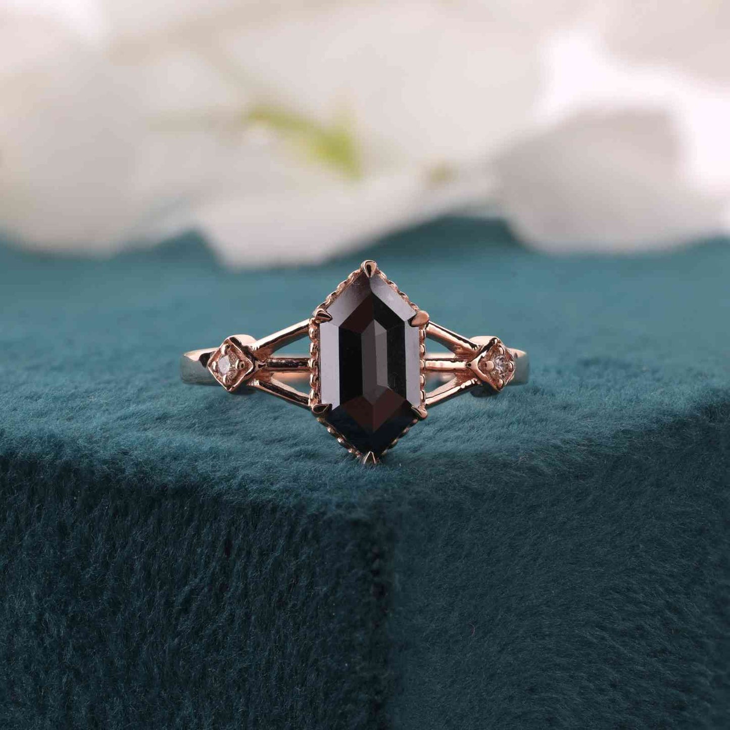 Hexagon Black Diamond Ring – Gothic Rose Gold Engagement