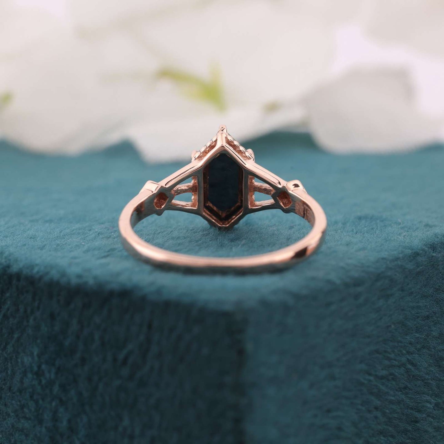 Hexagon Black Diamond Ring – Gothic Rose Gold Engagement