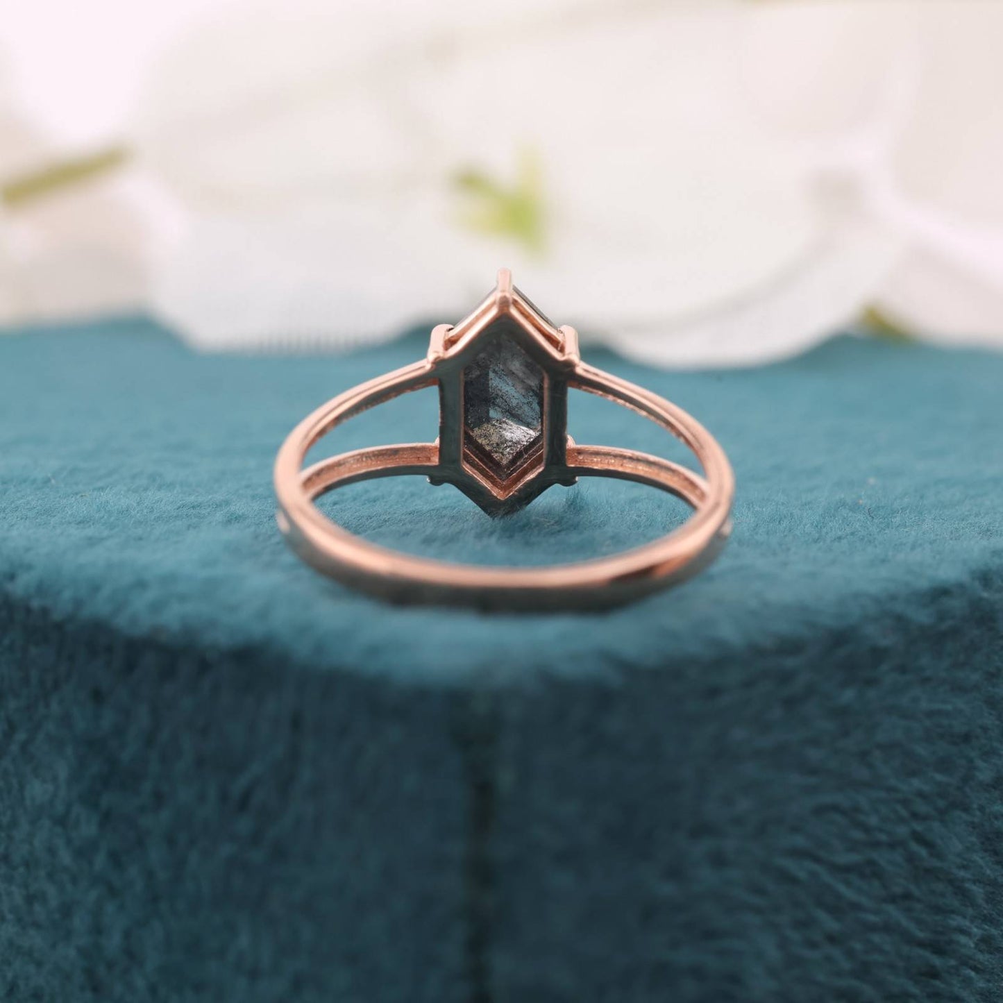 14KT Rose Gold Hexagon Ring with Salt & Pepper Diamond