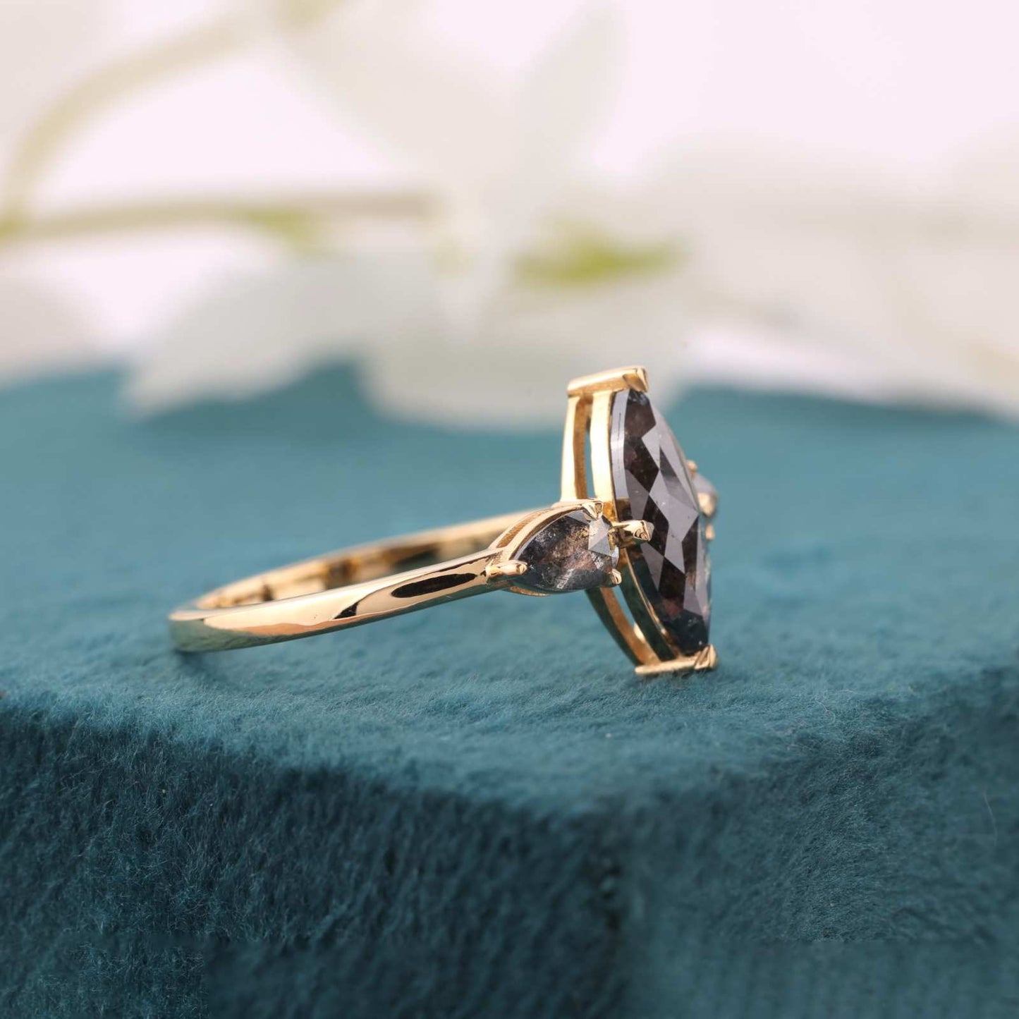 Yellow Gold Three Stone Ring – Marquise & Pear Diamonds