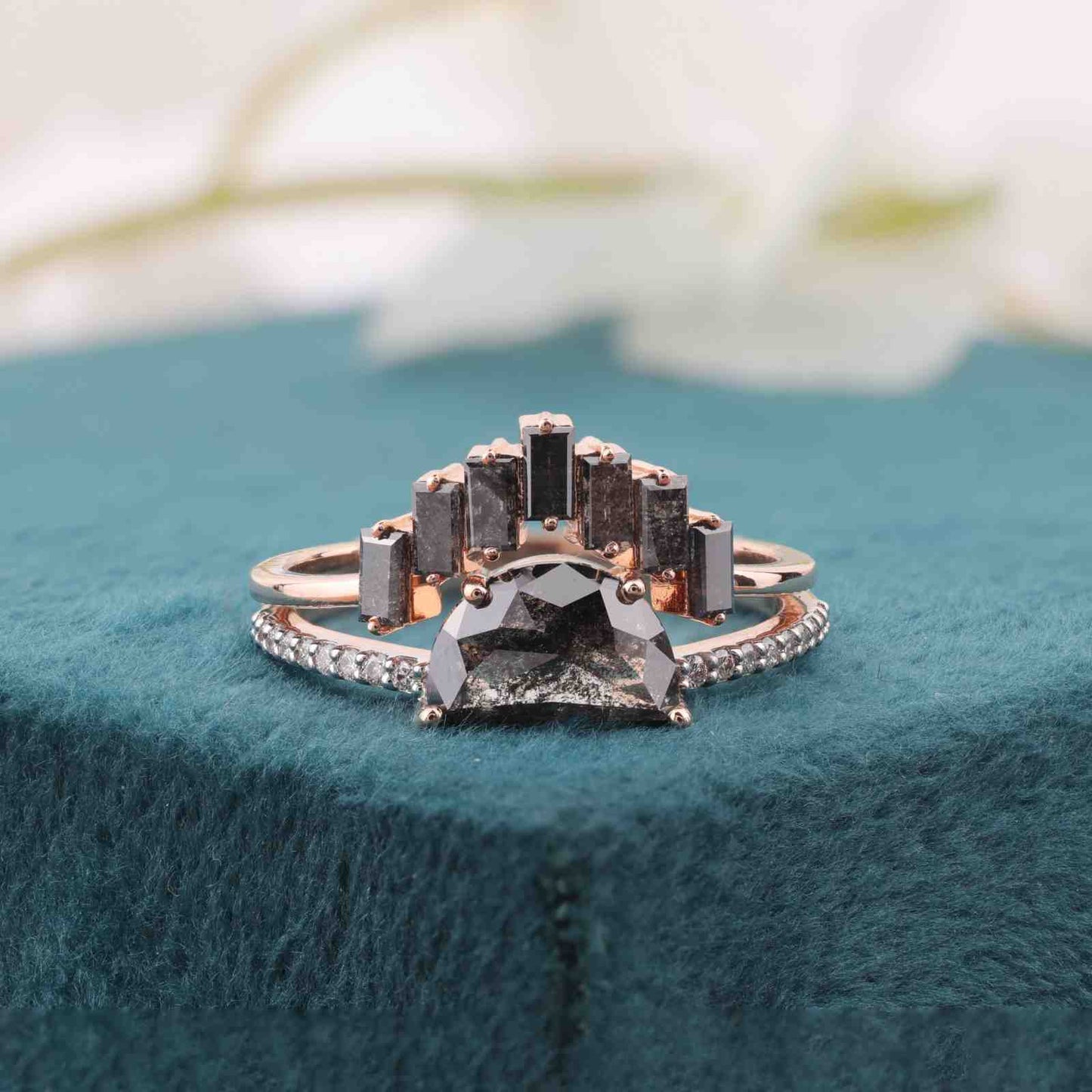 Salt & Pepper Ring Set in Rose Gold – Half-Moon & Baguette