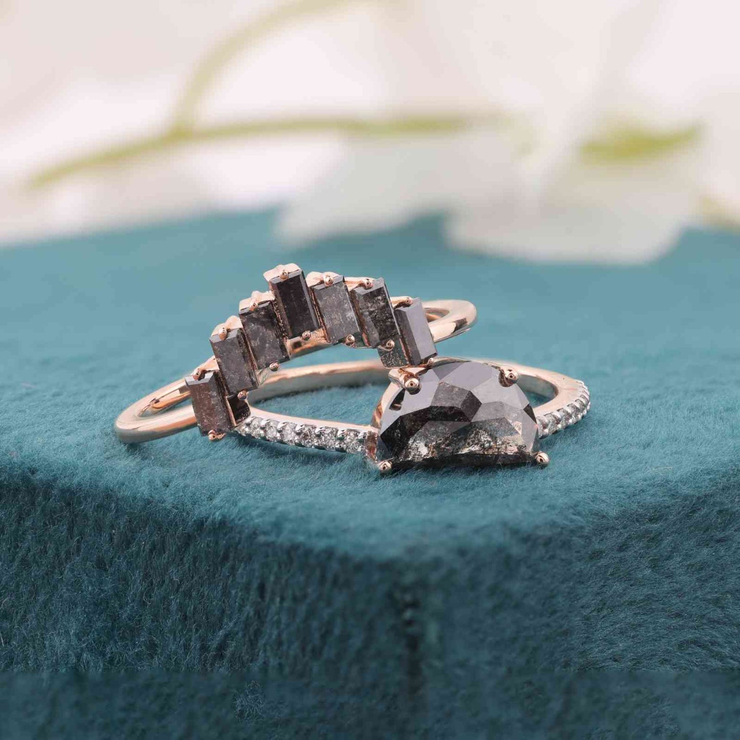 Salt & Pepper Ring Set in Rose Gold – Half-Moon & Baguette