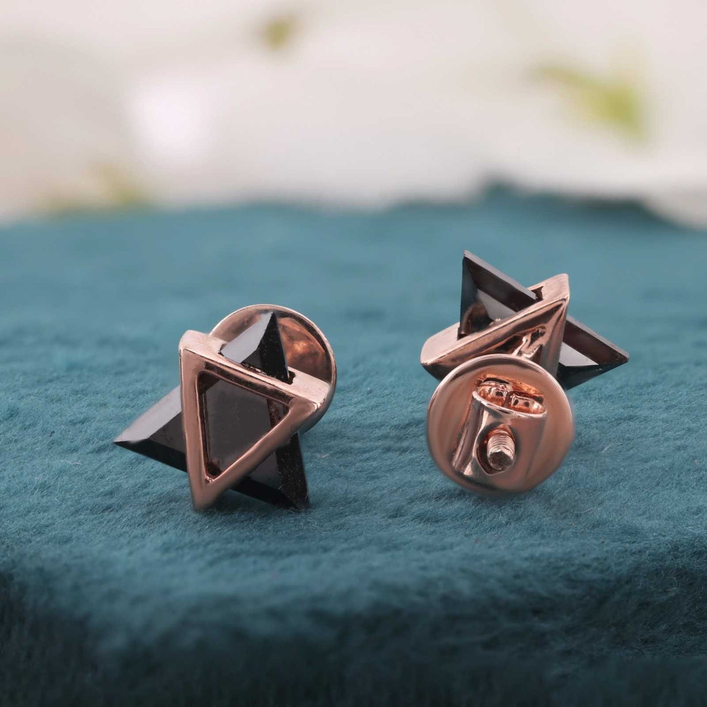 Unisex Rose Gold Studs – Black Onyx Triangle Earrings