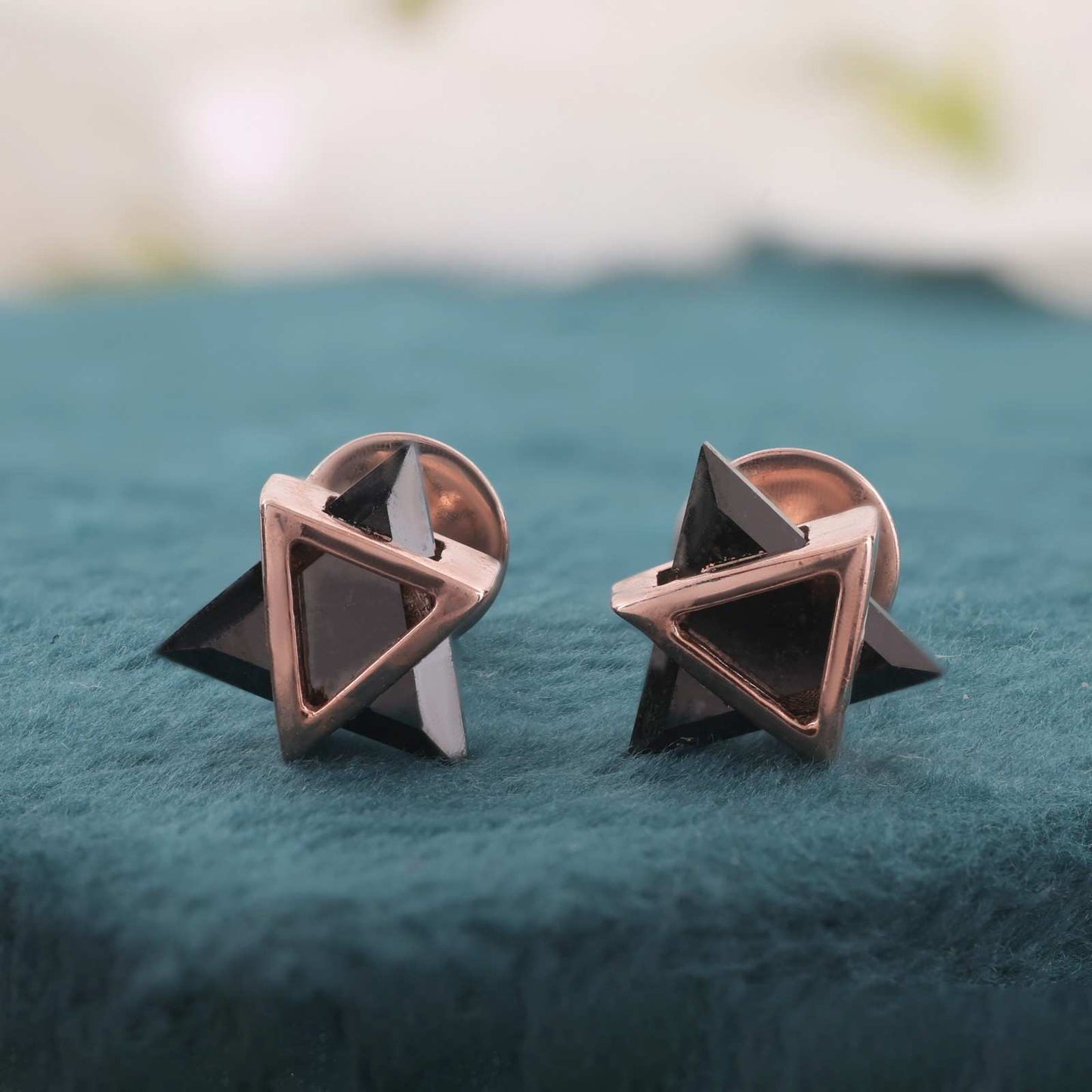 Unisex Rose Gold Studs – Black Onyx Triangle Earrings