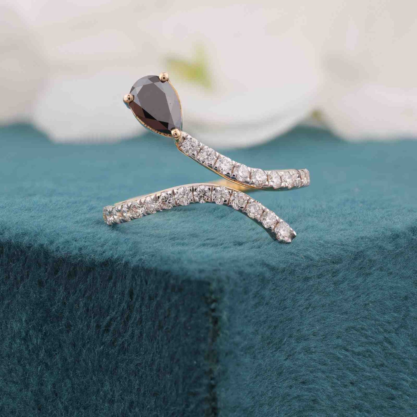 Unique Pear-Shaped Black Diamond Ring with Open Band