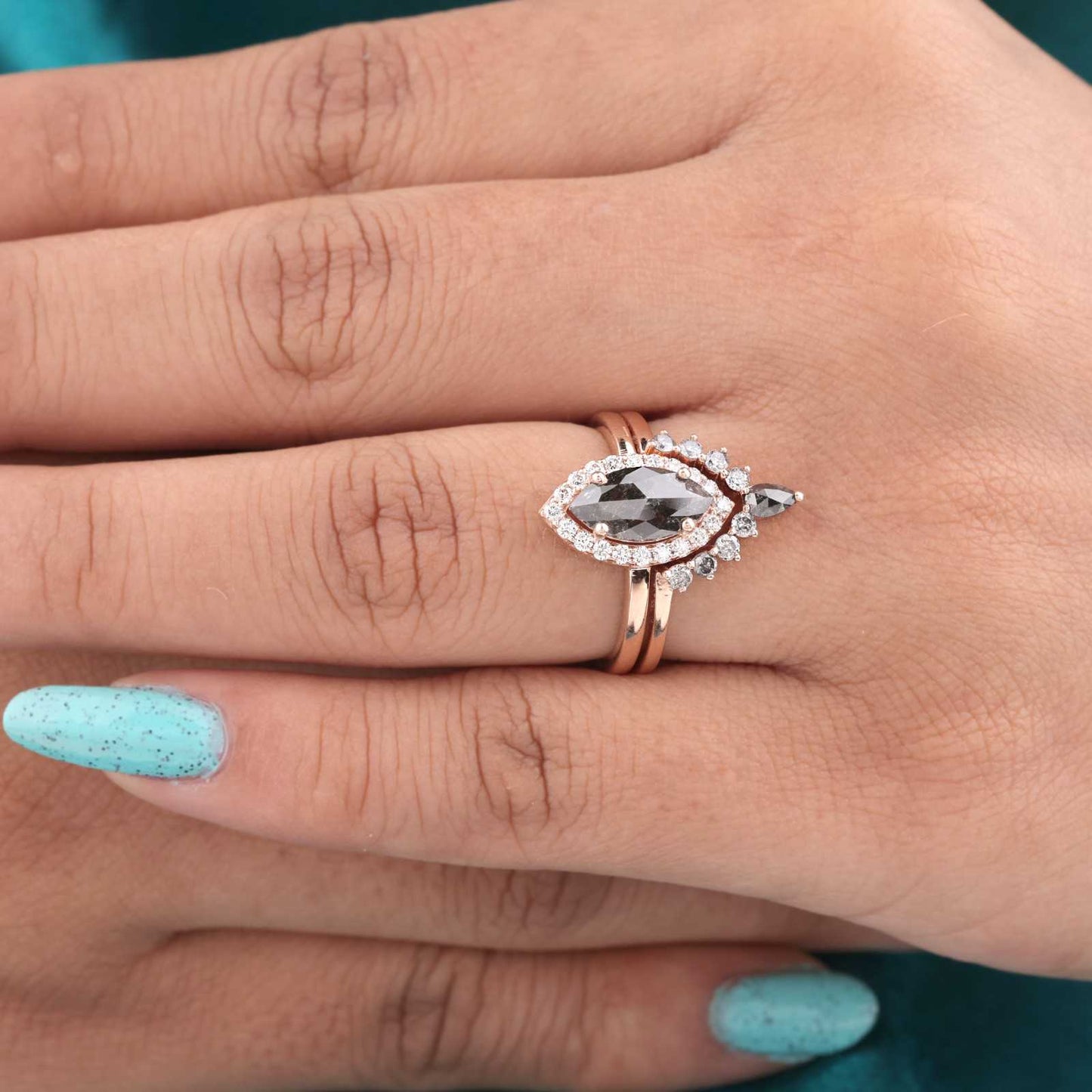 Rose Gold Halo Bridal Set – Marquise Diamond & Band
