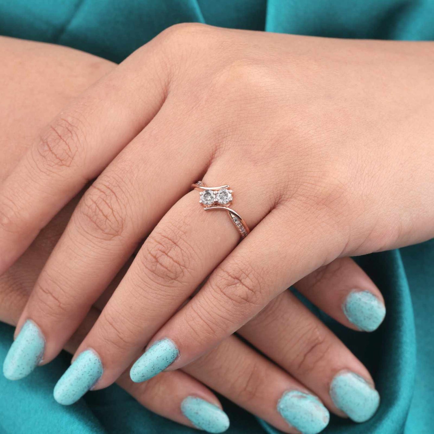 Rose Gold Bypass Ring with Dual Stones & Pavé Detailing