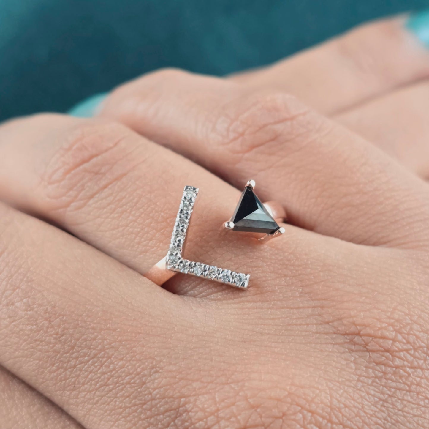 Black Triangle Diamond Chevron Ring – Sleek Rose Gold Style