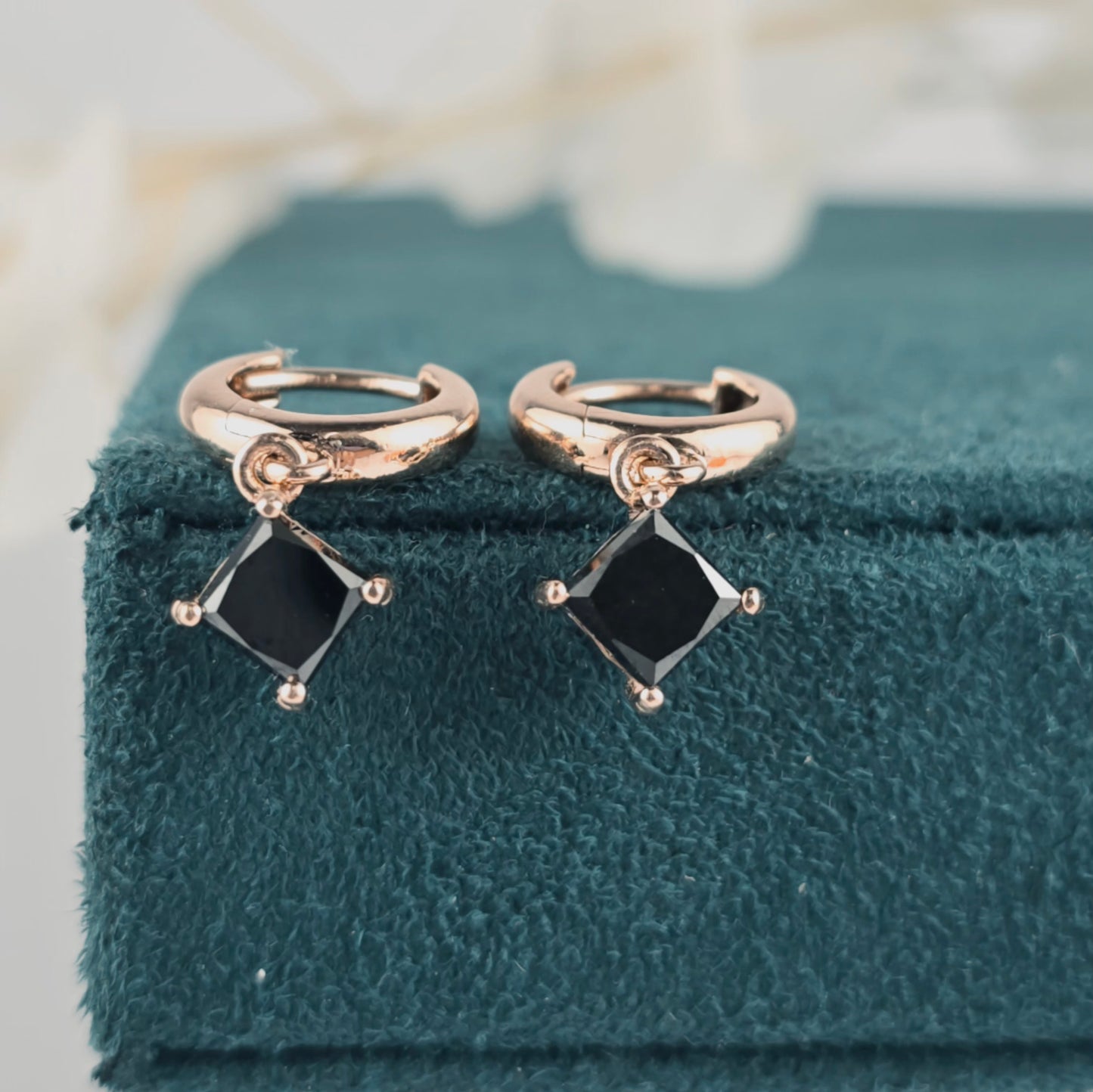 Modern Black Diamond Drop Hoops – 10K Rose Gold Huggies