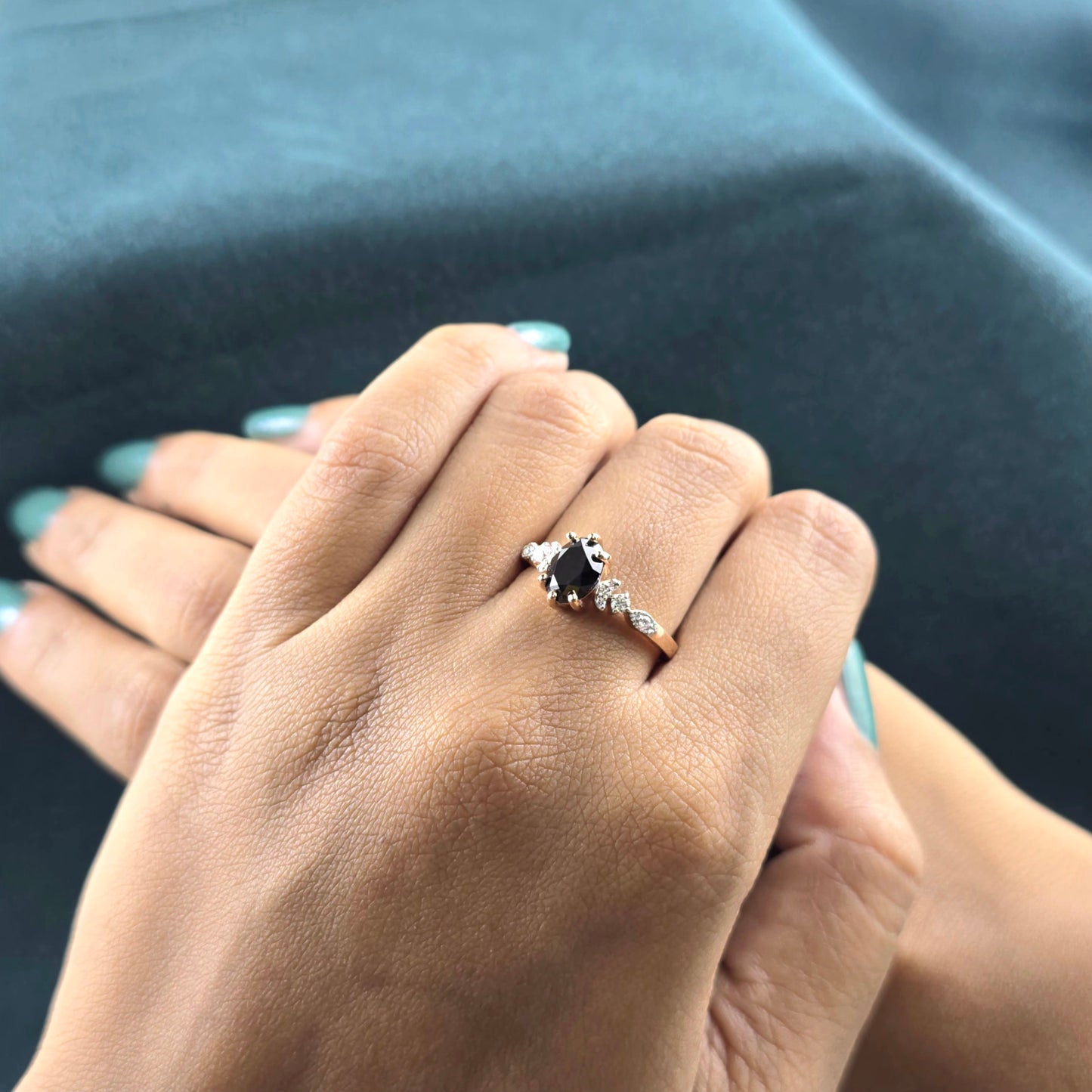 Rose Gold Black Diamond Ring – Oval Cut with White Stone Accents