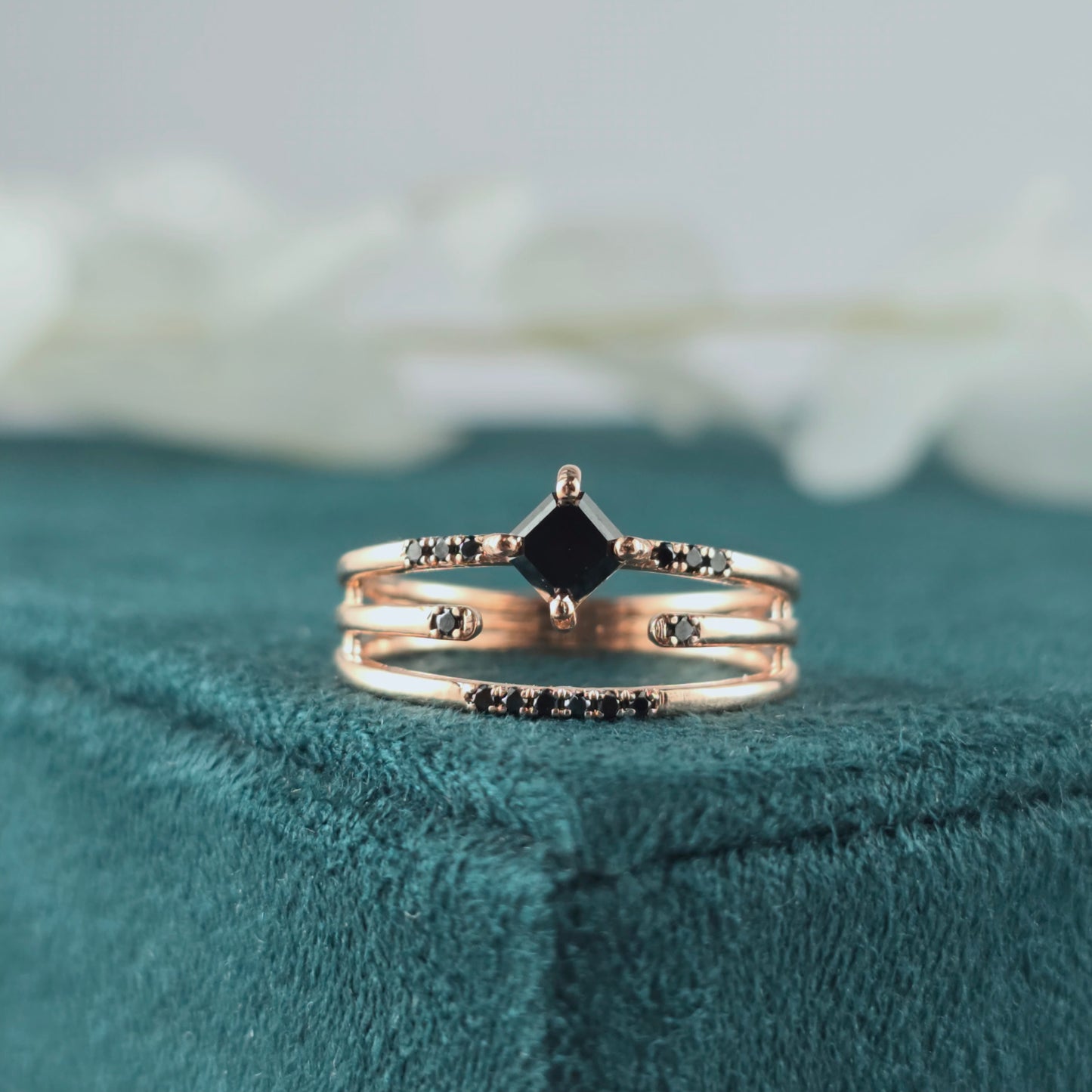 Princess Cut Black Diamond Ring – Bold Rose Gold Triple Band