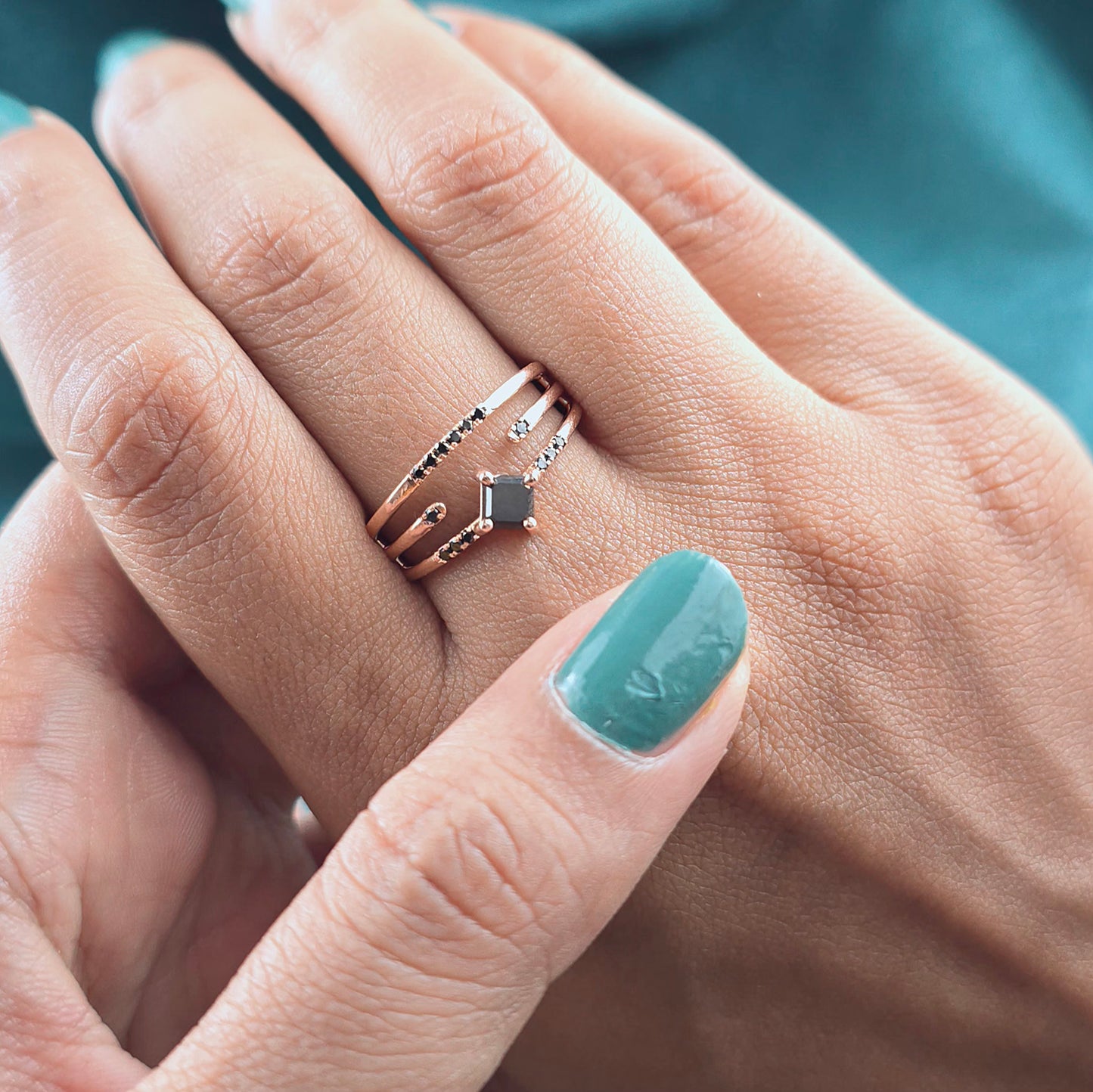 Princess Cut Black Diamond Ring – Bold Rose Gold Triple Band