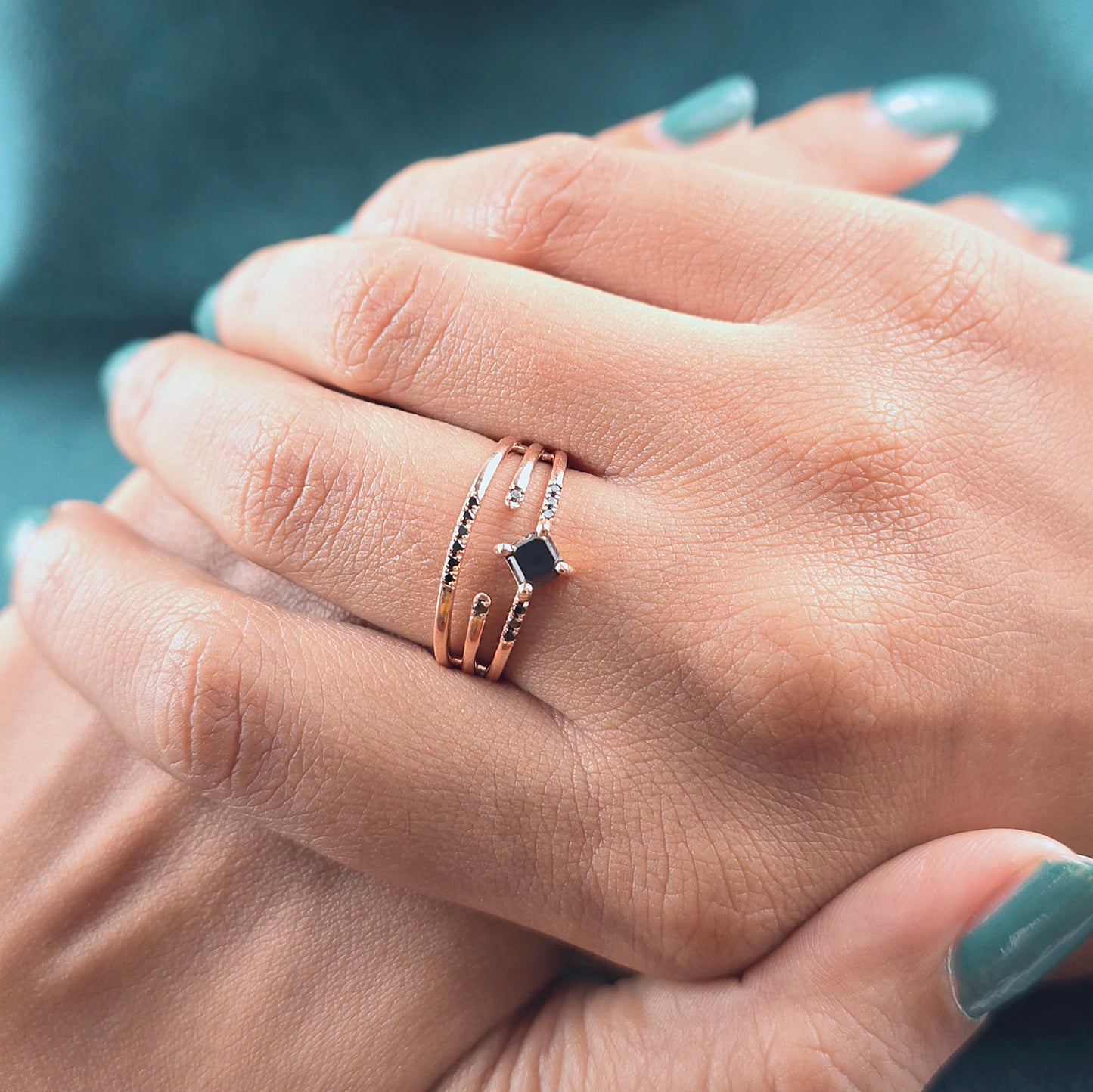 Princess Cut Black Diamond Ring – Bold Rose Gold Triple Band
