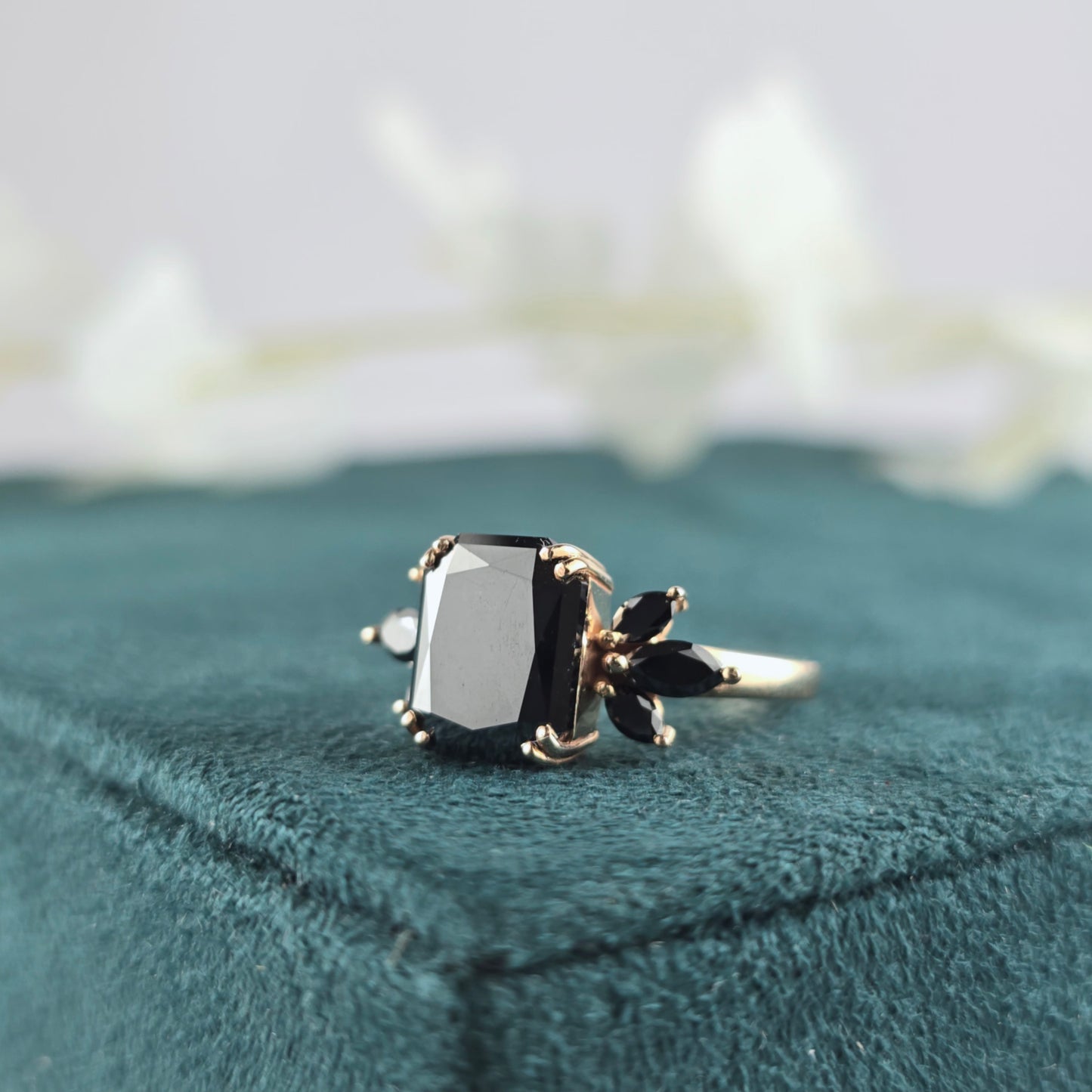 Art Deco Black Diamond Ring – Emerald Cut with Marquise Flair