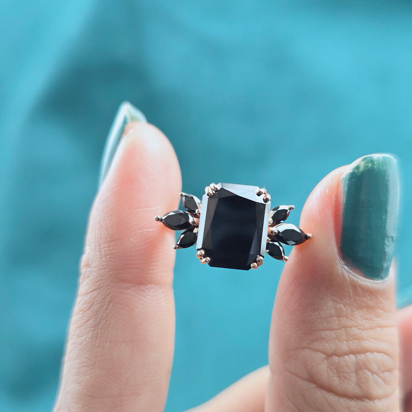 Art Deco Black Diamond Ring – Emerald Cut with Marquise Flair