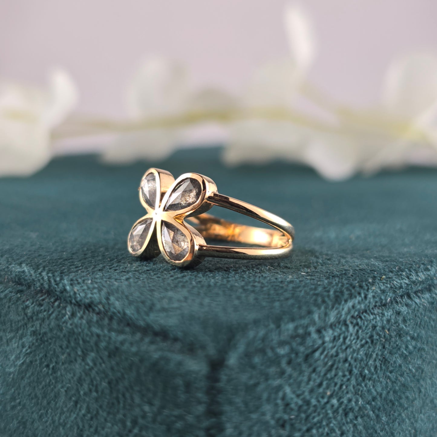Pear Cut Diamond Flower Ring: 10k Rose Gold, Salt & Pepper Diamond