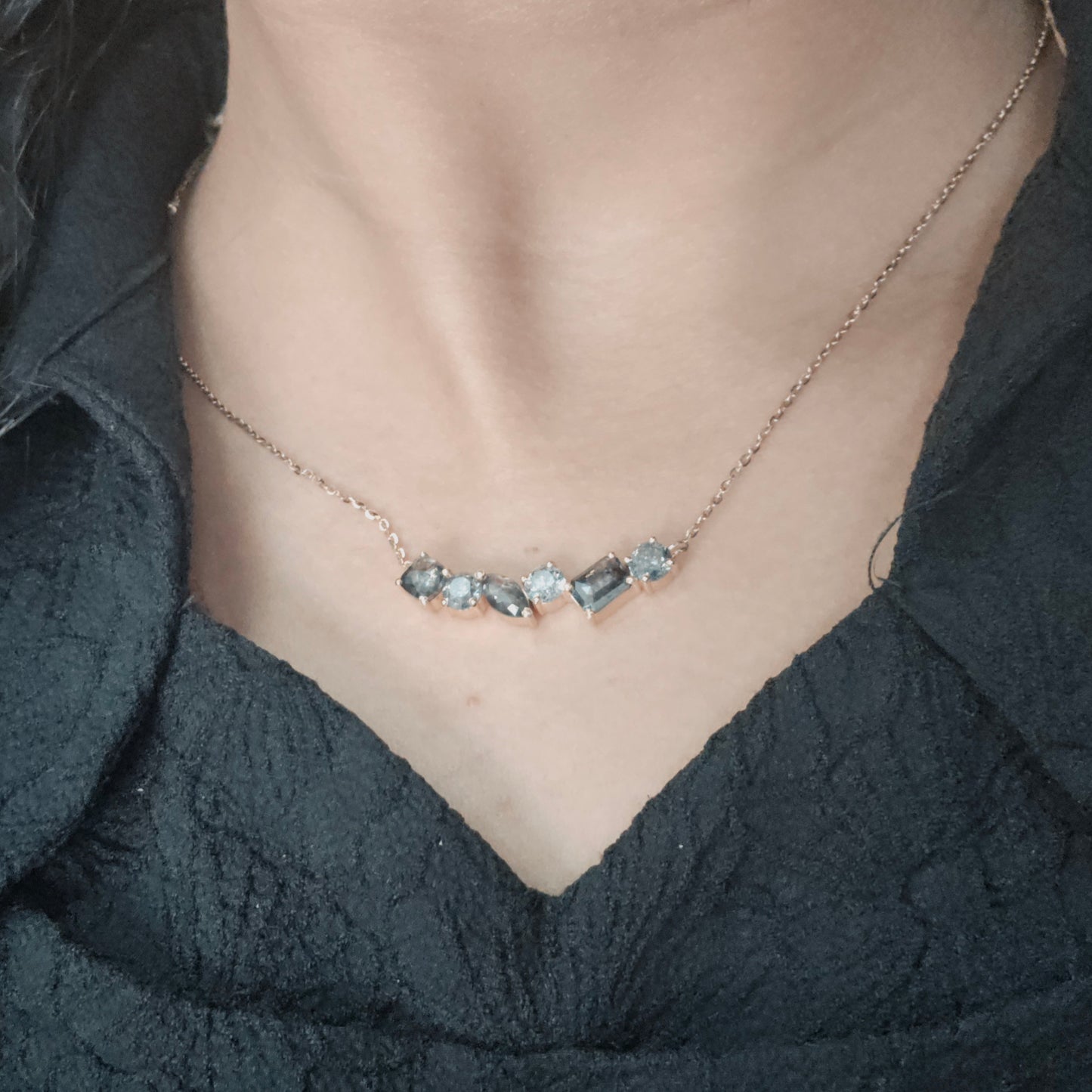 3.90 CT | Salt and Pepper Diamond Necklace | Multi Shape Gold Pendant | Handmade Minimalist Jewelry | Gift for Her