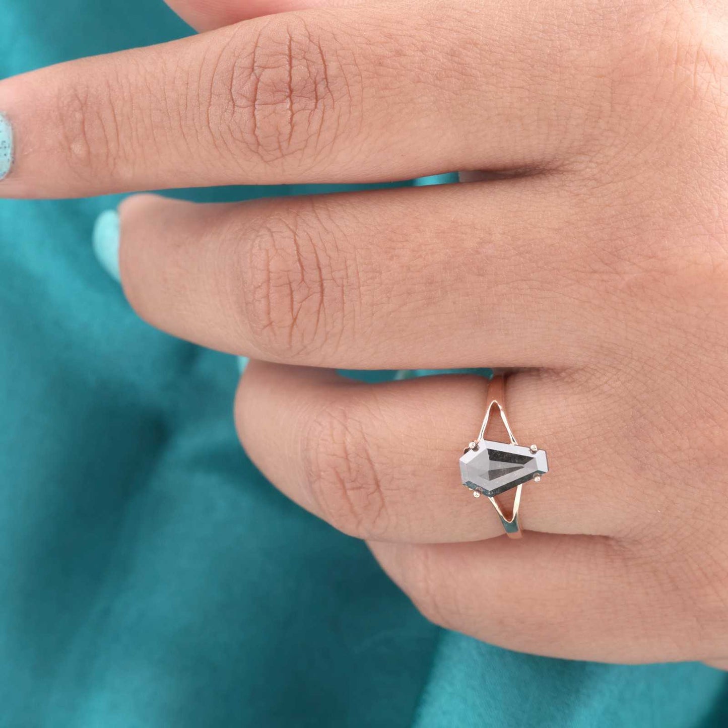 Coffin Cut Salt & Pepper Diamond Ring – Handcrafted & Bold