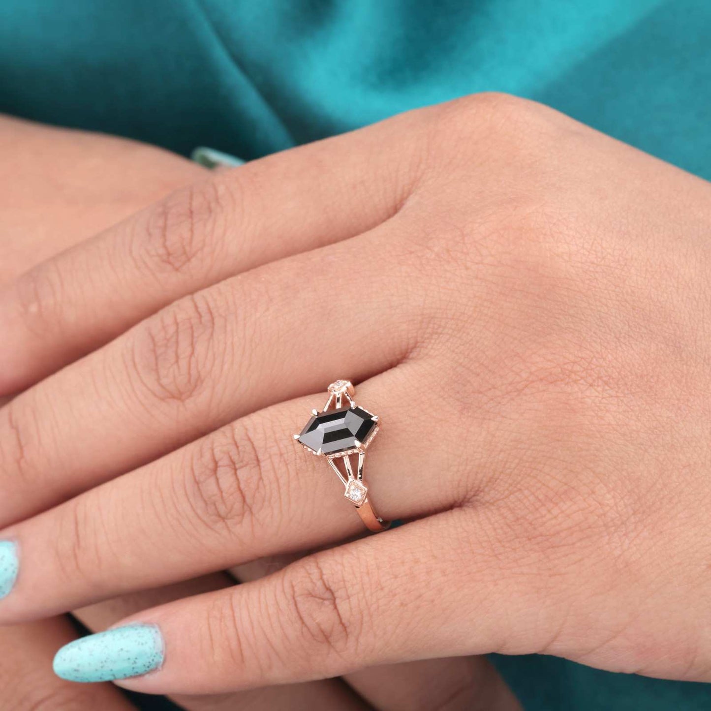 Hexagon Black Diamond Ring – Gothic Rose Gold Engagement