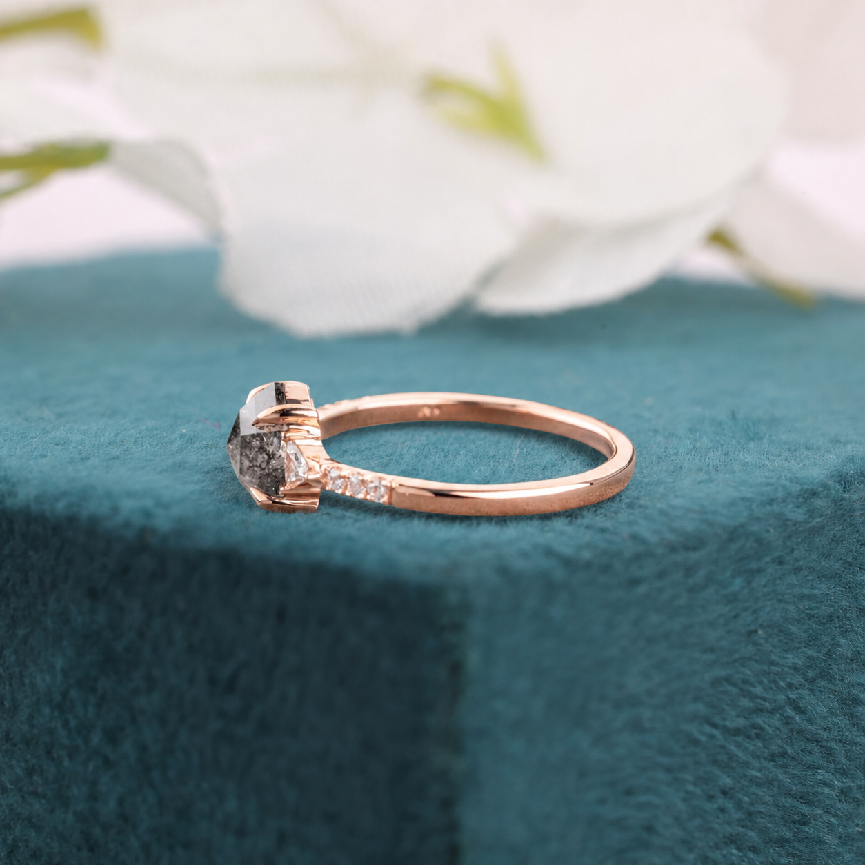 Hexagon Salt & Pepper Engagement Ring – Rose Gold Geometric Bridal Jewelry