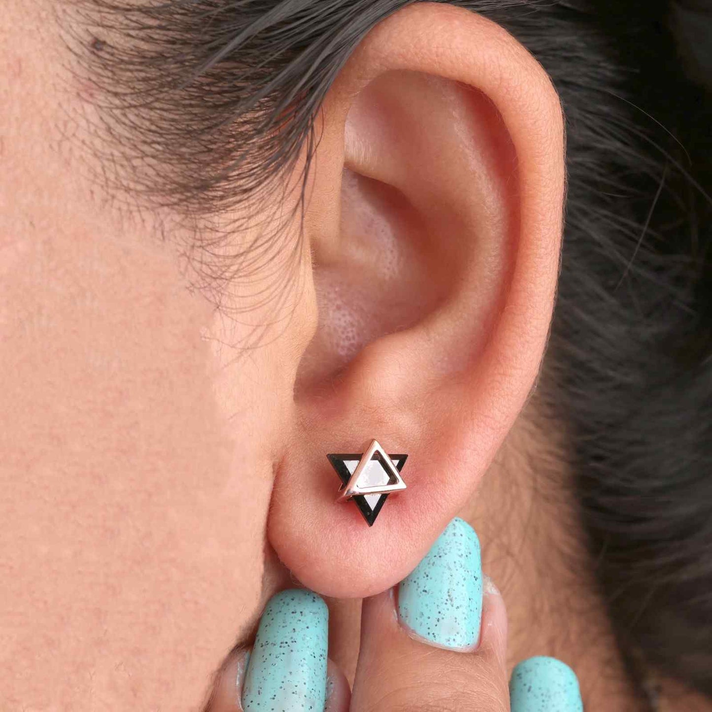 Unisex Rose Gold Studs – Black Onyx Triangle Earrings