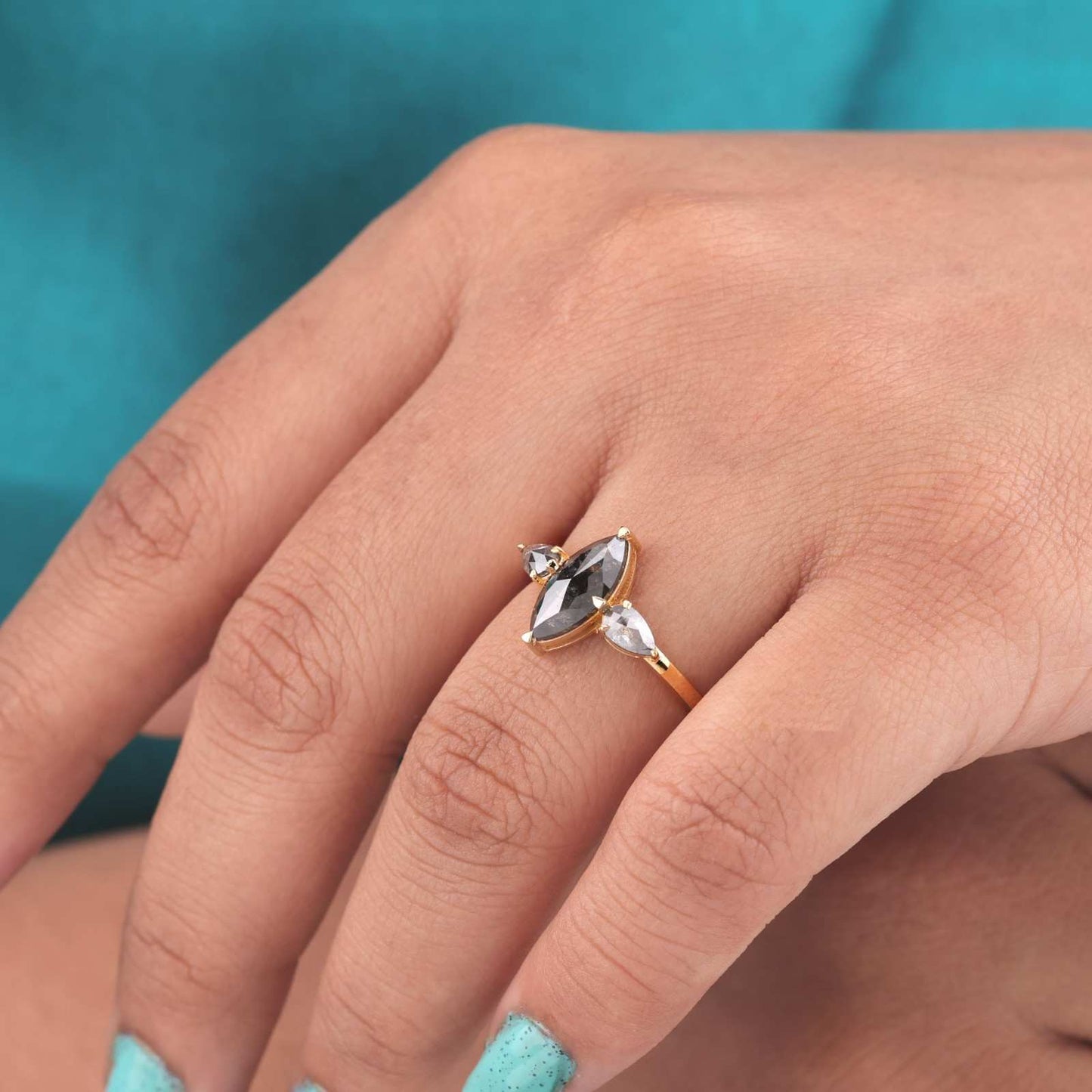 Yellow Gold Three Stone Ring – Marquise & Pear Diamonds