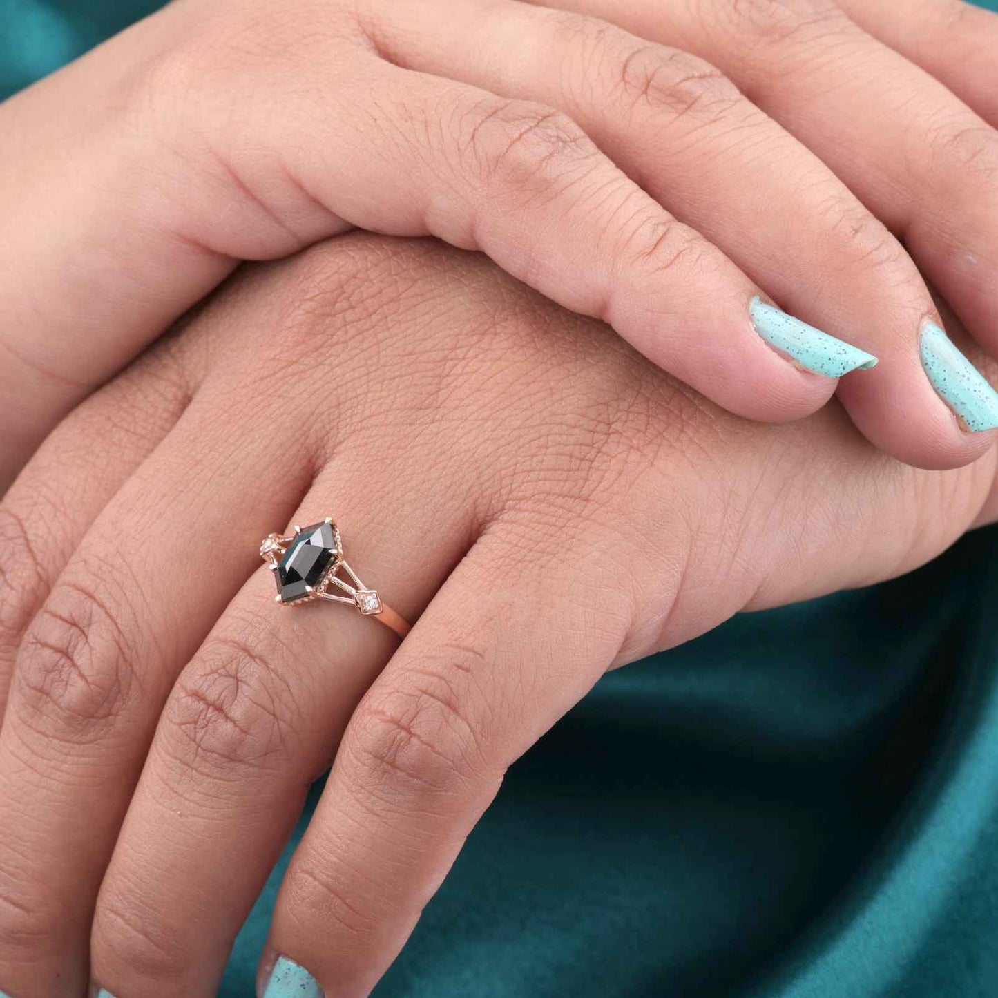 Hexagon Black Diamond Ring – Gothic Rose Gold Engagement