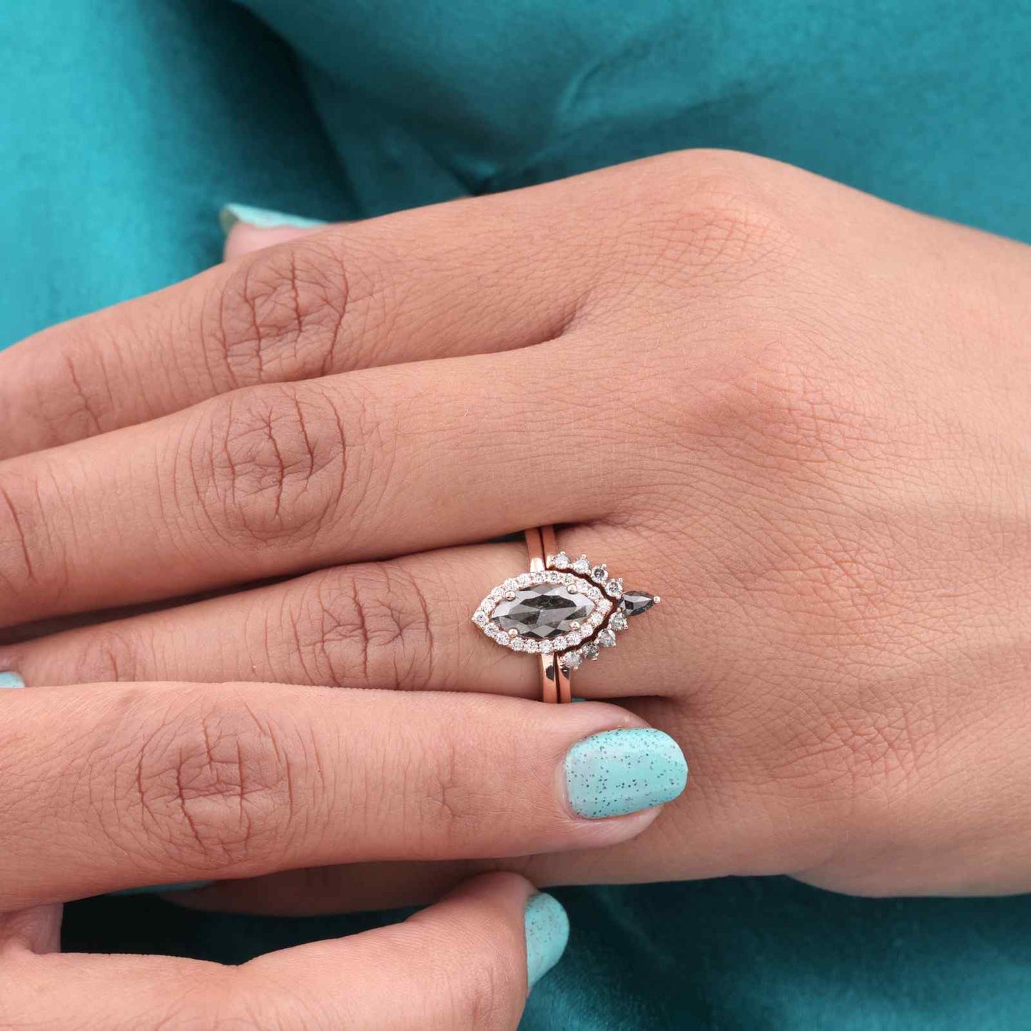 Rose Gold Halo Bridal Set – Marquise Diamond & Band