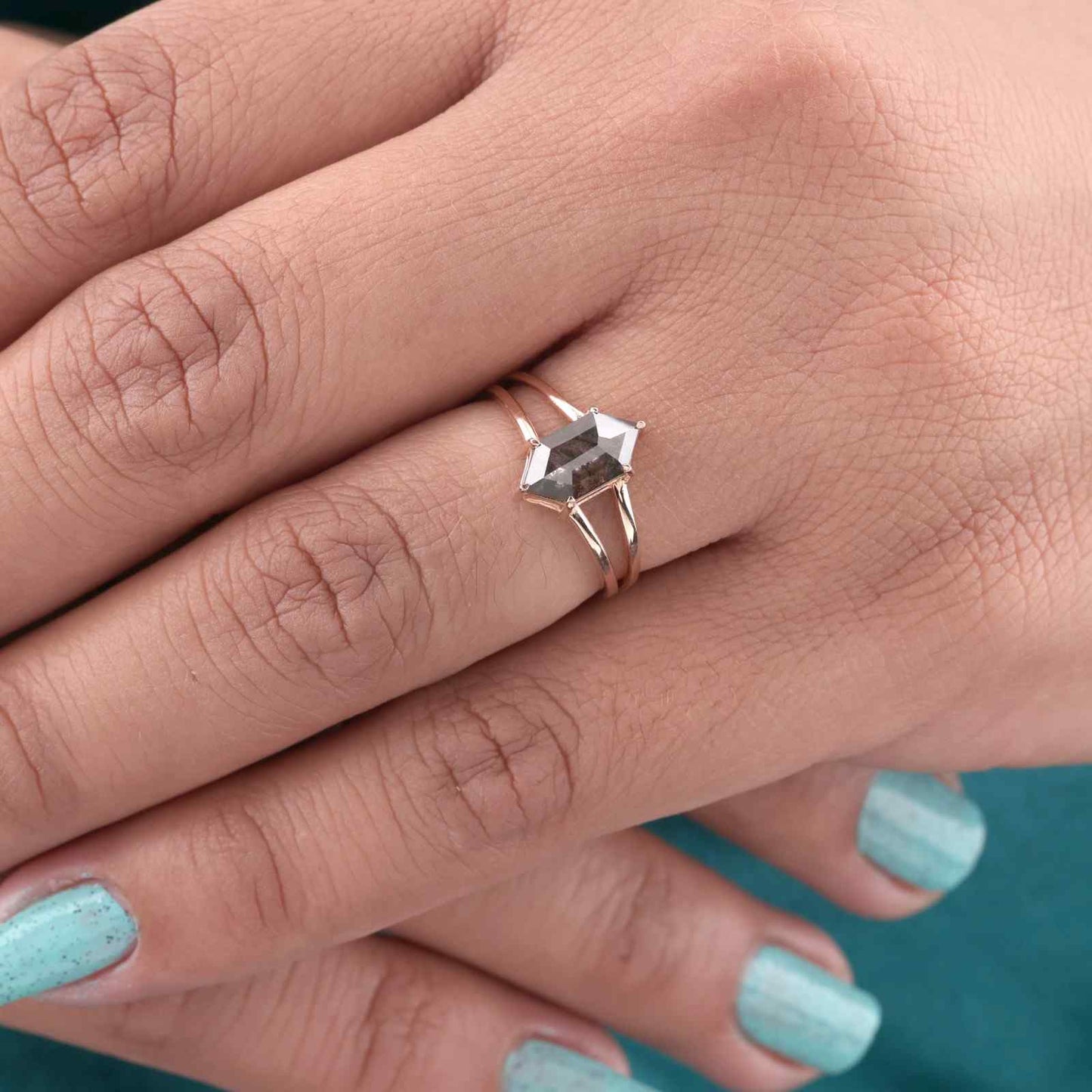14KT Rose Gold Hexagon Ring with Salt & Pepper Diamond
