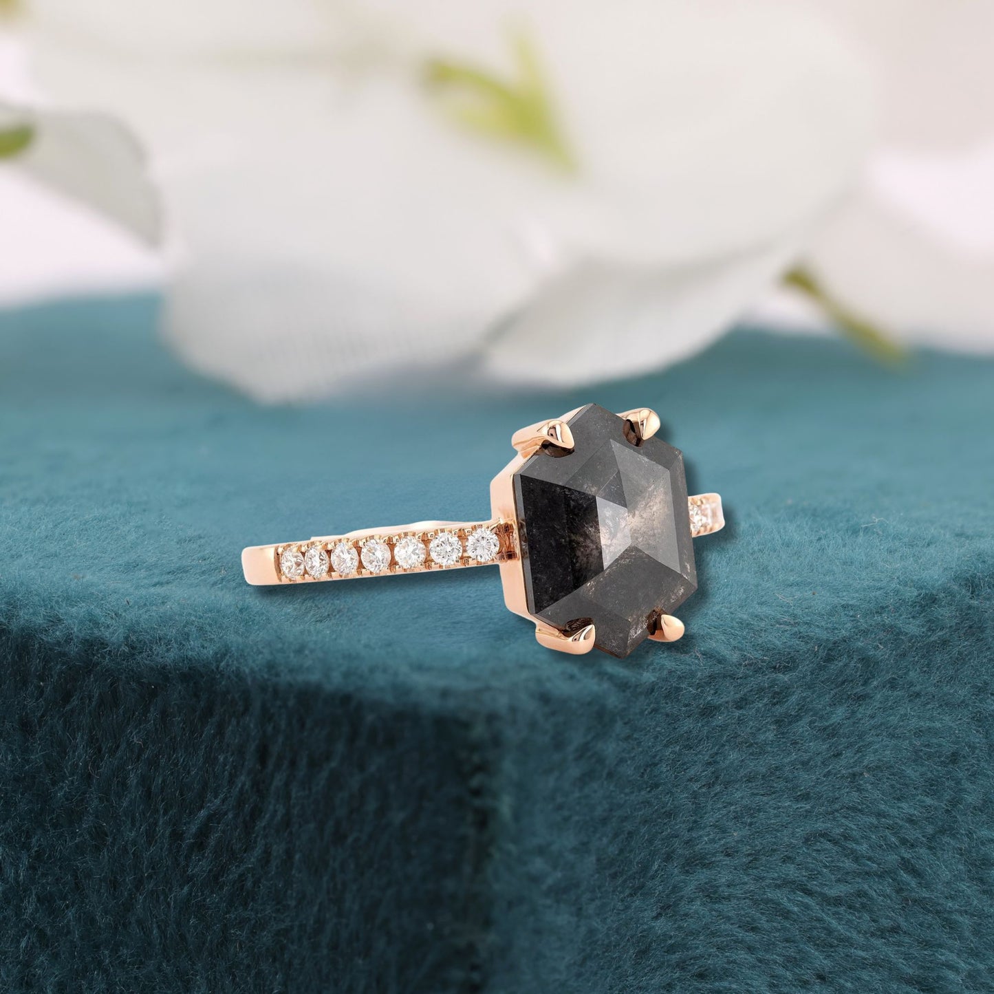 Hexagon Salt and Pepper Diamond Ring Rose Gold | Unique Engagement Ring | Geometric Diamond Ring | Alternative Bridal Ring