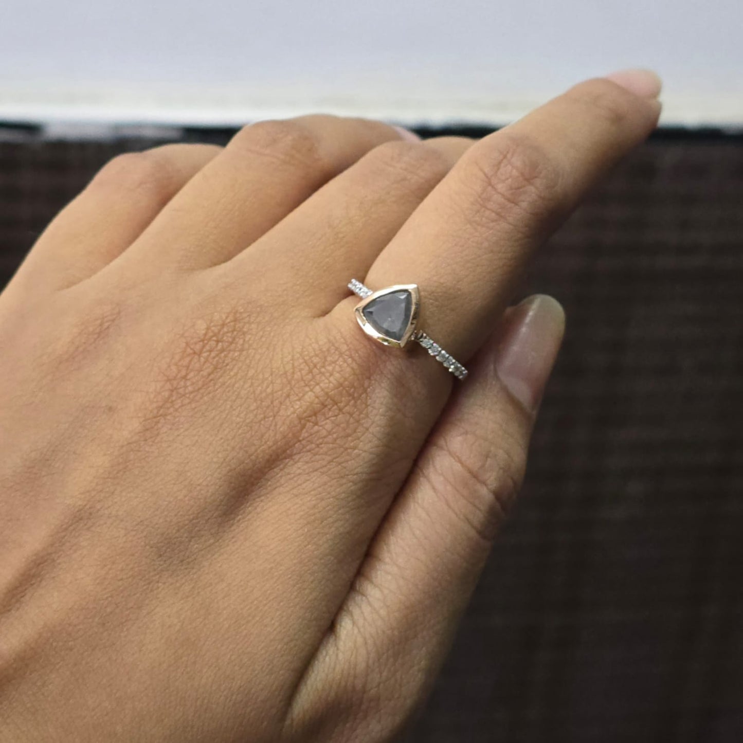 Modern Black Diamond Engagement Ring in Gold – Unique Triangle Cut Bridal Ring