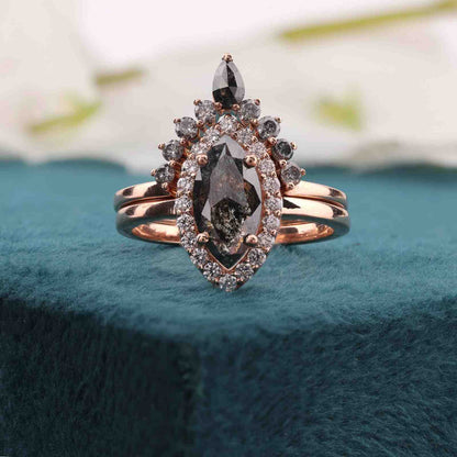Rose Gold Halo Bridal Set – Marquise Diamond & Band