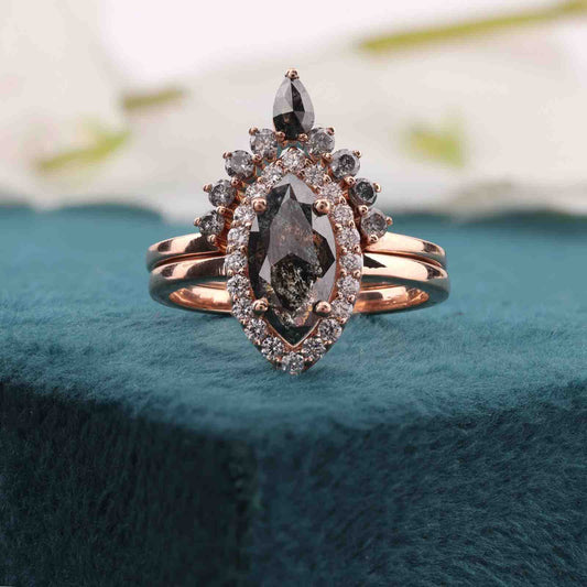 Rose Gold Halo Bridal Set – Marquise Diamond & Band