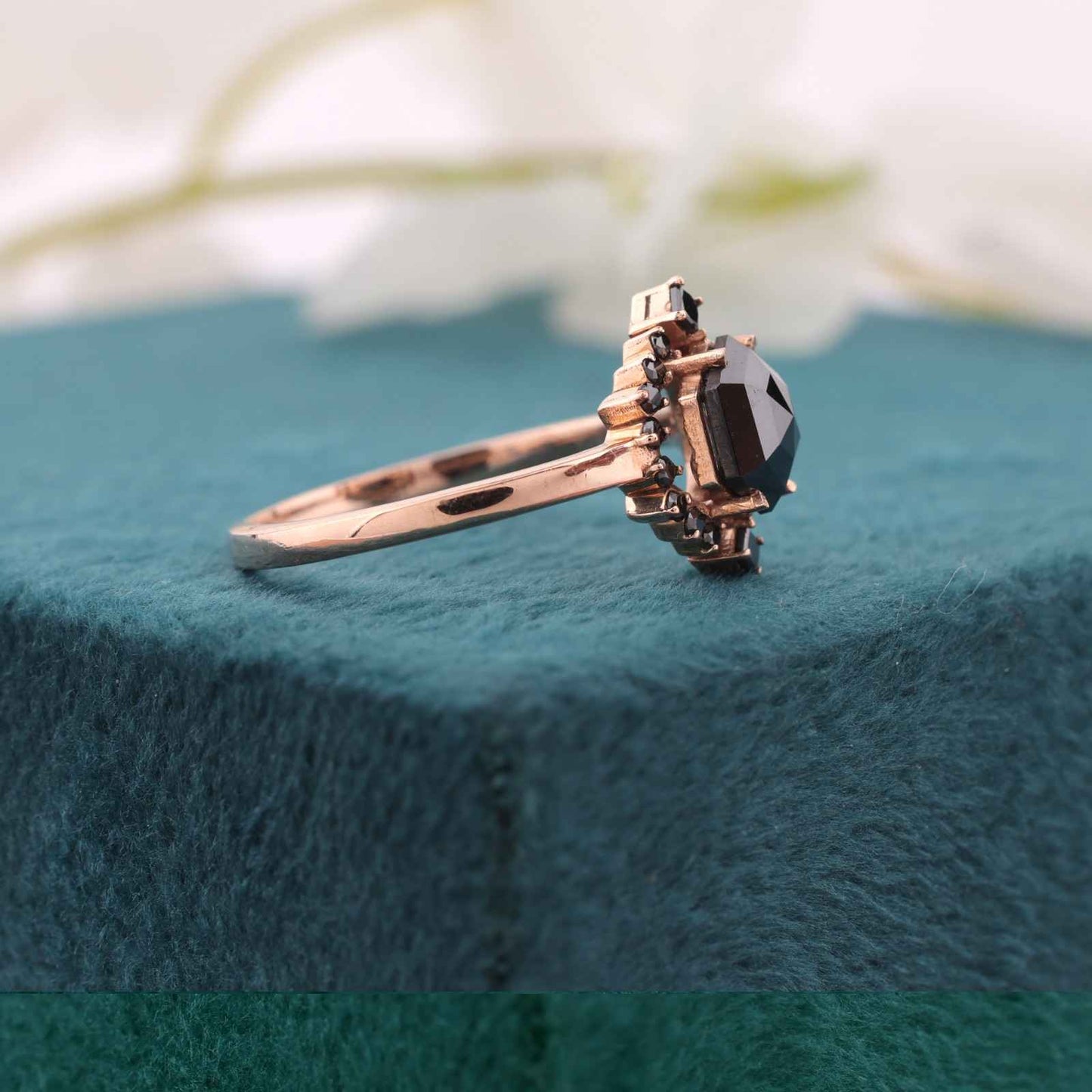 Edgy Engagement Ring – Hexagon Black Diamond in Rose Gold
