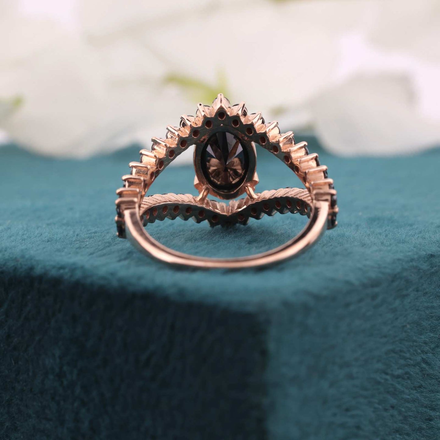 Dramatic Black Diamond Halo Ring – V-Shaped Rose Gold