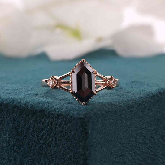 Hexagon Black Diamond Ring – Gothic Rose Gold Engagement