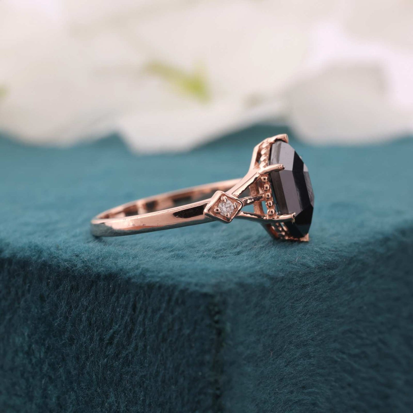 Hexagon Black Diamond Ring – Gothic Rose Gold Engagement