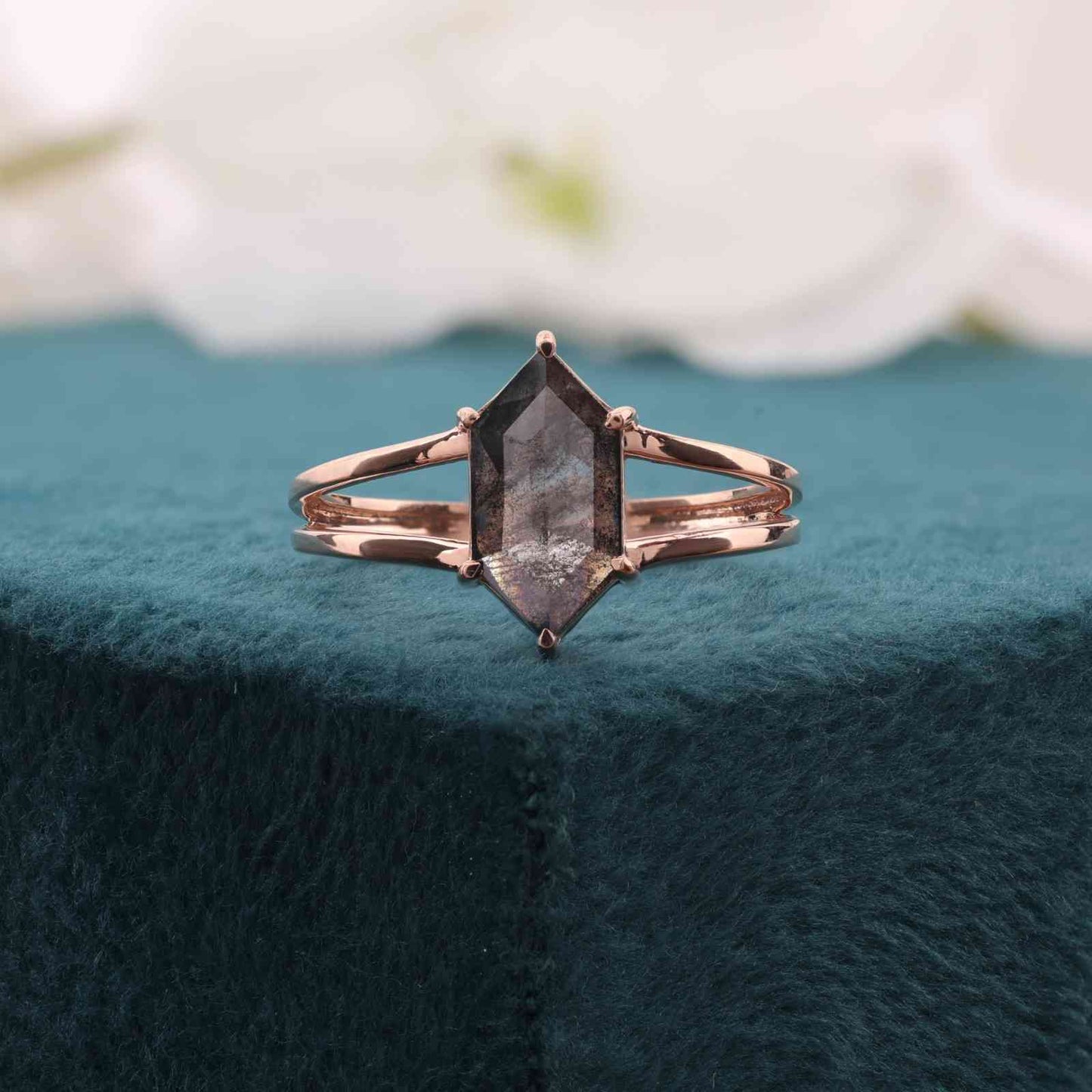 14KT Rose Gold Hexagon Ring with Salt & Pepper Diamond