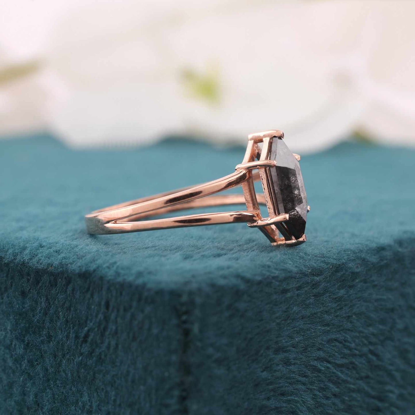 14KT Rose Gold Hexagon Ring with Salt & Pepper Diamond