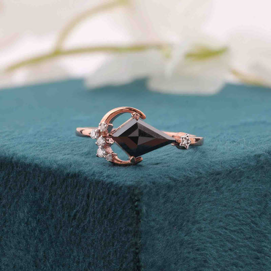 Kite Diamond & Crescent Moon Ring – Gothic Rose Gold Style