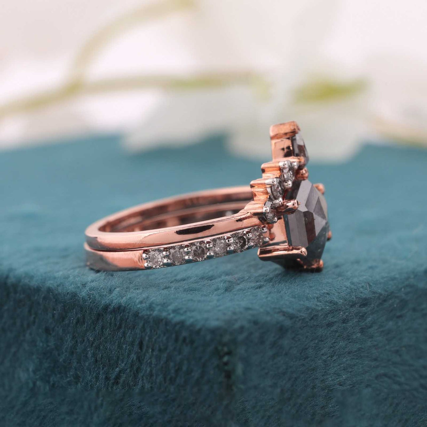 Rose Gold Boho Wedding Set – Hexagon Salt & Pepper Diamond