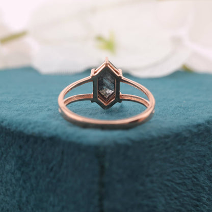 14KT Rose Gold Hexagon Ring with Salt & Pepper Diamond