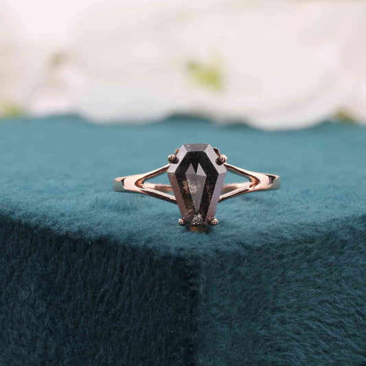 Coffin Cut Salt & Pepper Diamond Ring – Handcrafted & Bold