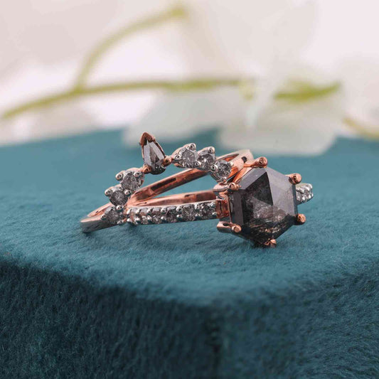 Rose Gold Boho Wedding Set – Hexagon Salt & Pepper Diamond