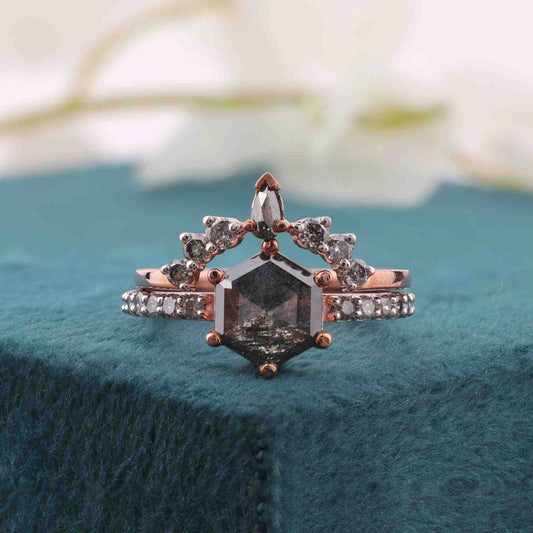 Rose Gold Boho Wedding Set – Hexagon Salt & Pepper Diamond