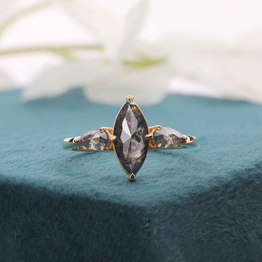 Yellow Gold Three Stone Ring – Marquise & Pear Diamonds